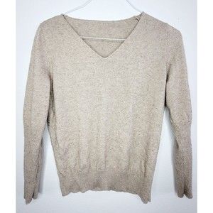 Taupe Long Sleeved Top VNeck Small Gathered Hem & Sleeves S